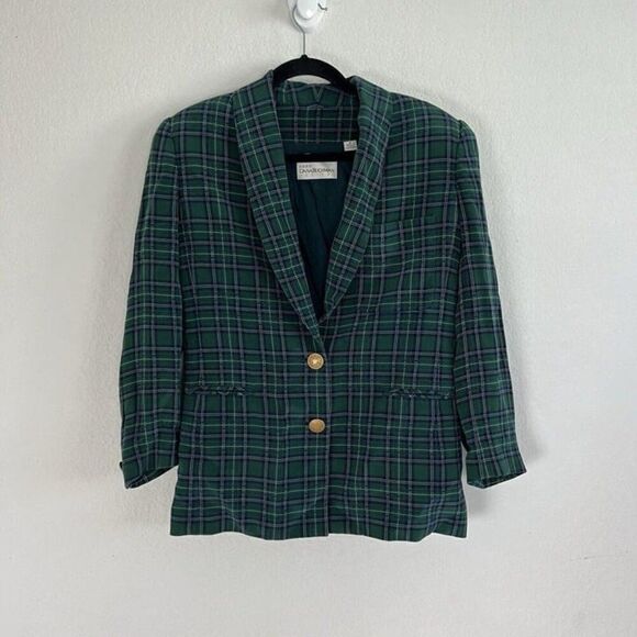 Dana Buchman Vintage 90s Silk Green & Blue Plaid Academia Blazer Petite Size 6 - Picture 1 of 10